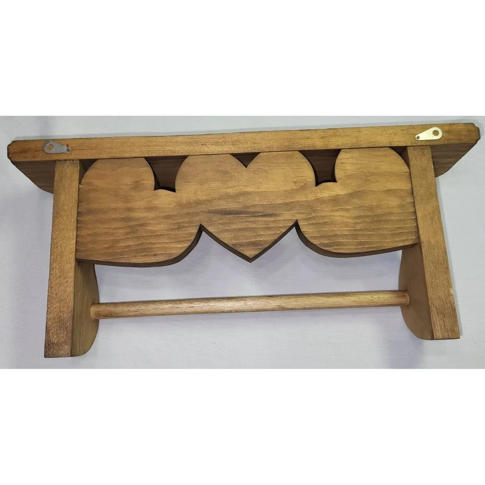 Vintage Wooden Heart Wall Shelf Towel Bar Medium Brown Country Farmhouse Rustic
